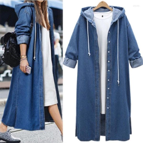 Trench-Coats Femme Européenne Et Américaine Dames Denim Manteau Lâche Confortable Allongé Conception Bleu Foncé À Capuche Casual Longue Chemise