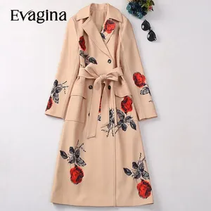 Trench-coats féminins Evagina Fashion Runway Designer repeuple à manches longues à manches longues à double poitrine de frenulum détachable manteau imprimé