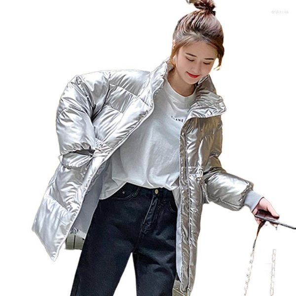 Trench Coats Femme Femme Femme Bright Surface chaude Cabille à capuche Black Silver Blue Bleu Green Big Pockets épais Long Veste