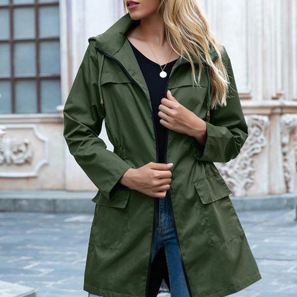 Gabardinas De Mujer Moda Otoño Invierno Con Capucha Cremallera Manga Larga Cordón Cortavientos Abrigo Casual Chaquetas Militares Al Aire Libre Ropa De Abrigo #