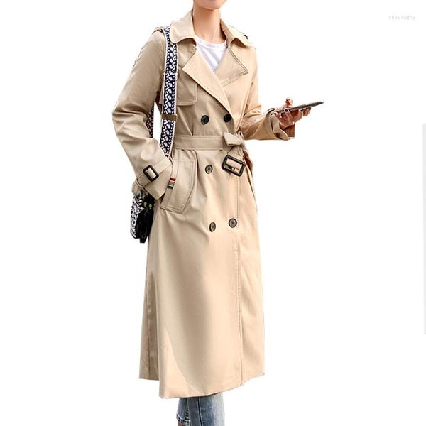 Trench-Coats pour femmes Marque de mode Femmes Manteau Long Ceinture à double boutonnage Marine Kaki Lady Vêtements Automne Printemps Survêtement Surdimensionné Qualité