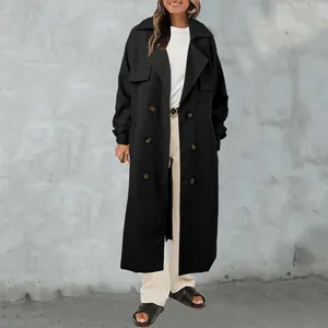 Trenchs de femmes Mode classique noir long manteau décontracté double boutonnage revers ceinture coupe-vent veste automne hiver costumes de bureau