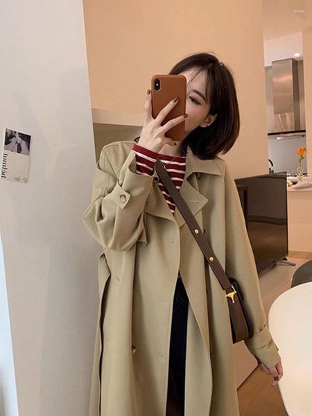 Caítas de zanjas femeninas Fashion Doble-Breasted Women Coat Long Belte Slim Lady Duster Cloak Femenina