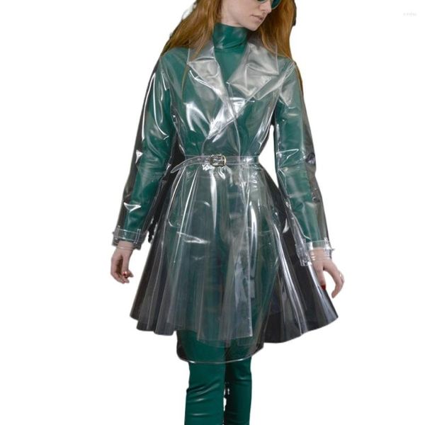 Cazas de zanjas femeninas Fashion Fetish Plástica para mujeres Clear Pvc Lapel Cuella de manga larga Cabina con cinturón de vinilo