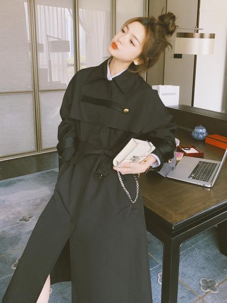 Trenchs pour femmes mode Style coréen femmes Long manteau noir printemps automne Lady Duster vêtements d'extérieur à simple boutonnage