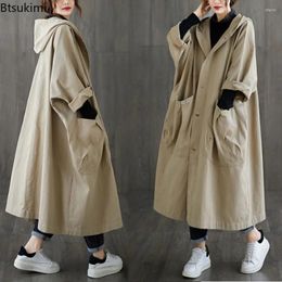 Trench Coats Fashion Fashion Hooded Solide Loose Lot Single-Breasted Long Veste pour les femmes de vent de vent Daily