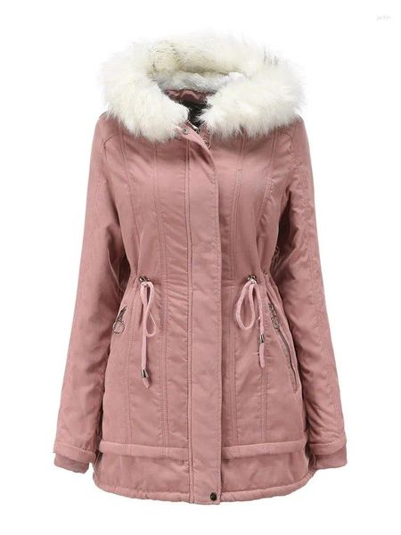 Trenchs de Femmes Mode Dames Solide Couleur Cordon Polaire Parka Manteau Femmes Automne Hiver À Capuche Col De Fourrure Blanche Chaud Chic Veste