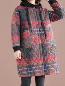 Dames Trenchcoats Mode Literair Vintage Plaid Katoen Linnen Jas Winterjas Licht Warm Middellange Overknee Capuchon Top