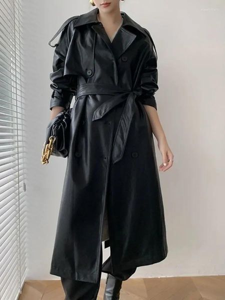 Gabardinas de mujer Abrigos de moda Abrigo largo para mujeres Retro 2023 Otoño Chaqueta de cuero de PU delgada suelta Sólido Negro