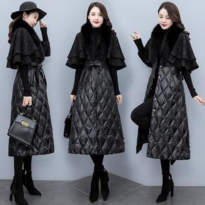 Trenchs de femmes Mode Long Manteau de coton Argyle Femme Veste 2022 Tempérament d'hiver Dames Quilt Parka avec Cape de fourrure Cape Overcoat