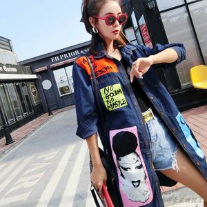 Damesgeuljassen mode streetwear dames 2022 persoonlijkheid print windjager patch long denim jas vrouwelijke herfst jeans jas vrouwen f13