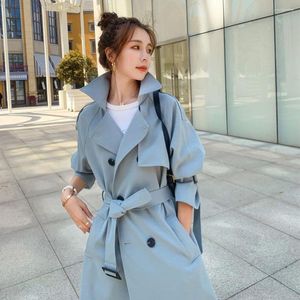 Trench Coats Fashion Fashion Femmes Blue Blue Beige Long Breasted avec Belt Spring Automne Lady Mabe Femme Corée