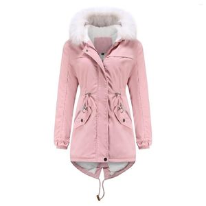 Dames trenchcoats Mode Dames Winter Warm Bontkraag Capuchon Roze Pluche Katoenen Jas Overjas Kantoor Dame Outdoor Koudebestendige Rits