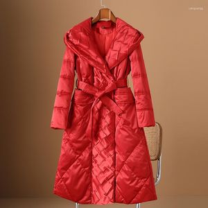 Dames Trenchcoats Modieus Rood Donsjack Met Capuchon Voor Dames In De Winter 2023 High-end Geruite Slim Fit En Slank