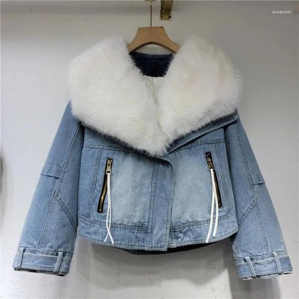 Trenchs de femmes manteaux fausse fourrure col denim coton manteau pour femmes hiver 2023 court décontracté chaud épais rembourré veste Y4431