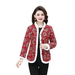 Gabardinas para mujer, abrigo de invierno con adornos de piel sintética, botones de disco con cuello levantado, chaqueta bordada tradicional china para mujer