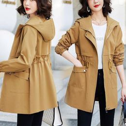 Casacos de trincheira femininos casaco feminino com forro primavera outono fino blusão mid-long coreano fino e jaqueta casual com capuz