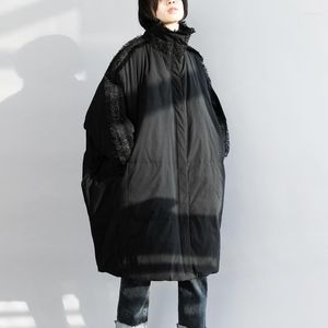 Trench femme manteaux femme hiver grande taille en forme de chauve-souris mi-long clignotant doublé d'or frangé lâche noir doudoune