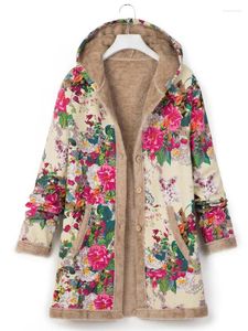 Trenchs de femmes Fitshinling Imprimer Floral Vintage Manteau d'hiver Femme Tops 2024 en vêtements d'extérieur Boutons Slim Peluche Chaud Longues Vestes pour