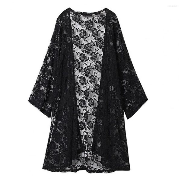 Femmes Trench-Coats Floral Crochet Cardigan Élégant Dentelle Fleur Brodé Sheer Élastique Anti-uv Plage Cover Up Manteau D'été