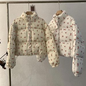 Trenchs pour femmes Manteaux en coton à imprimé floral Col montant doux à manches longues Vestes rembourrées décontractées Femme polyvalente matelassée