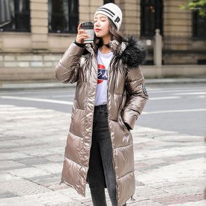 Trenchs de femmes manteaux col de fourrure x-long veste d'hiver femmes solide capuche style coréen parkas femme avec épaulette brillant épais vêtements d'extérieur