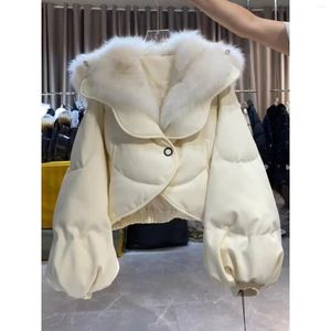 Trenchs Femme Fourrure Patchwork Blanc Coton Femmes Parkas Automne Hiver Col Rabattu Lanterne Manches Courtes Femme Outwear Tops