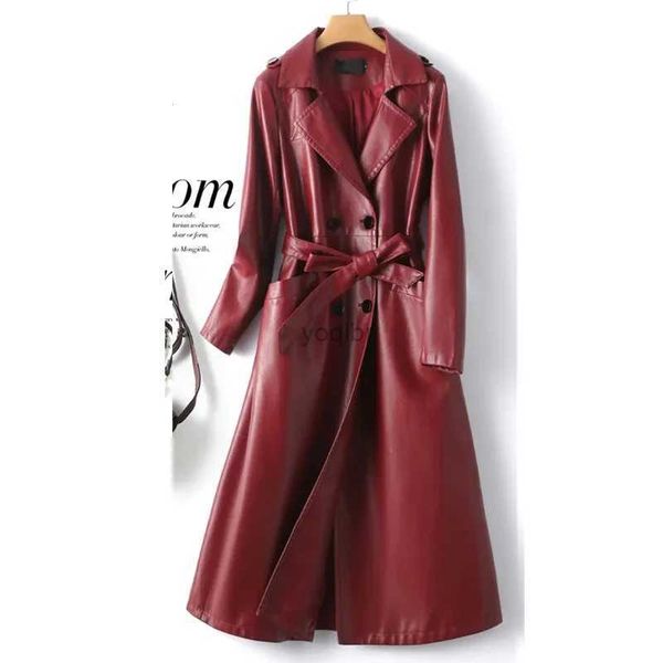 Trenchs Femmes Véritable peau de mouton Trench manteaux femmes longs vêtements d'extérieur en cuir automne hiver vin rouge double boutonnage ceinture dames vêtements en peau d'agneau l2403