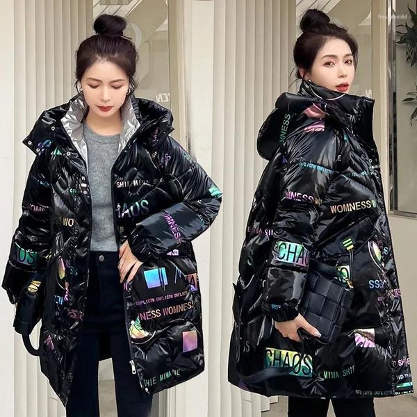 Trenchs de femmes manteaux brillant doudoune hiver coréen lâche dames coton manteau à capuche femme chaude parka décontracté étudiant long pardessus