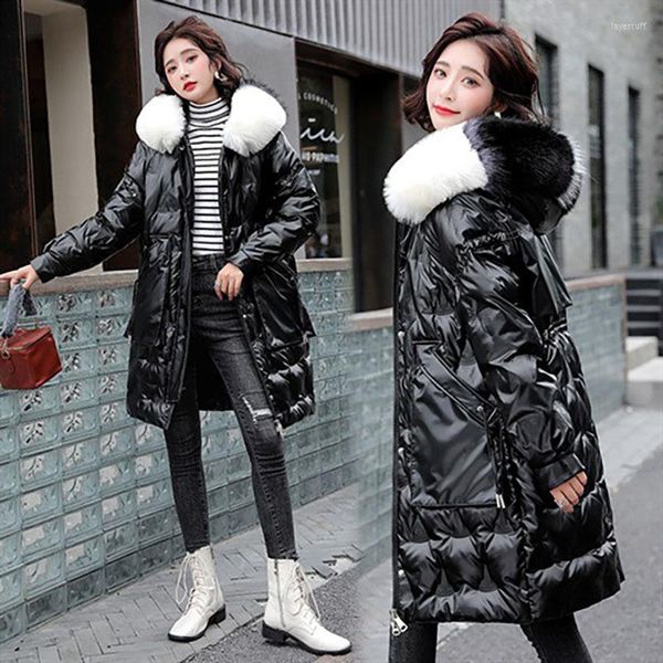 Gabardina para mujer, abrigo de plumón de pato blanco brillante, chaqueta con capucha holgada coreana de invierno 2023 para mujer, abrigo Parkas largo grueso y cálido para la nieve