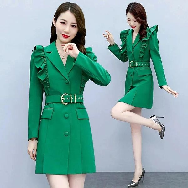 Gabardinas para mujer Abrigos Verde Cortavientos Otoño 2023 Chic Diseño Sentido Moda Chaqueta Cinturón Negro Vestido Largo Blazer Mujer Outwear Elegante