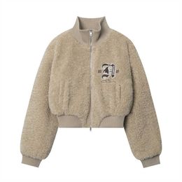 Trenchs pour femmes HeyHenry American Lamb Wool Baseball Jersey Court 2023 Automne/Hiver Col debout Peluche Coton