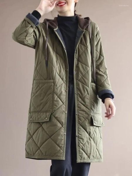 Gabardinas para mujer Abrigos con capucha Chaquetas largas Mujeres 2023 Otoño Invierno Abrigo acolchado Patchwork Recto Algodón acolchado Moda coreana Algodón