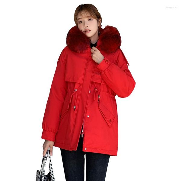 Trenchs de femmes manteaux à capuche chauds vêtements rembourrés femmes doublure de laine manteau d'hiver veste grande fourrure parkas vêtements de neige vestes roses