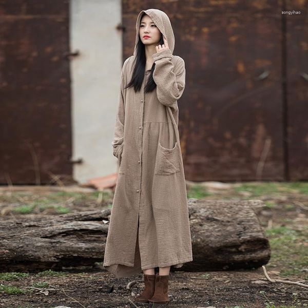 Femmes Trench manteaux à capuche femmes couleur unie 2023 été automne Long manteau coupe-vent coton lin décontracté femme YoYiKamomo