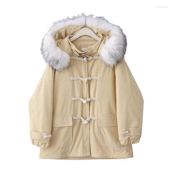 Abrigos de trinchera para mujer Hebilla de cuerno Harajuku Invierno Lindo con capucha Kawaii Chaqueta Coreana Sólido Grueso Abrigo suelto con sombrero Mujer Casual Puffer