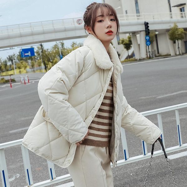 Gabardina para mujer Hstar, abrigo de invierno para mujer, Chaqueta corta con cuello peludo de manga larga con patrón de rombos, Parka de algodón con relleno femenino