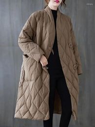 Casacos de trincheira femininos jaqueta outono inverno coreano retro grande bolso algodão longo preto rhombic treliça casaco oversized