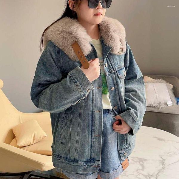 Abrigos de trinchera para mujer Janefur Abrigo de invierno Promoción Moda Cálida Piel Forrada Denim Parka con cuello real