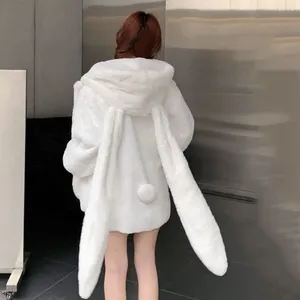 Trenchs de femmes manteaux japonais automne hiver blanc kawaii oreilles sweats à capuche chaud peluche sweat-shirt veste femme mignonne parkas vêtements d'extérieur doux