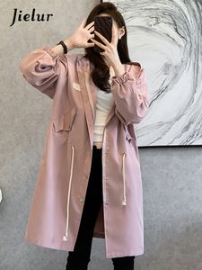 Trench-coats pour femmes Jielur Mode Pure Color Straight Femme Trench Casual Hooded Drawstring Loose Women's Trench Coat Hiver Rose Noir Vert Manteau 230808