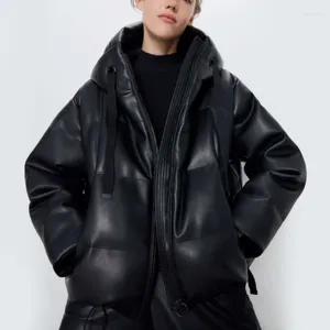 Gabardinas para mujer JMPRS Invierno Mujeres PU Parkas Vintage Negro Faux Chaquetas de cuero Streetwear Femenino Puffer Cremallera Moda con capucha