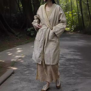 Trench Coats Femme Bandage des femmes chinois Bandage coton Vintage 2024 Patchwork à col en V Luble en V printemps