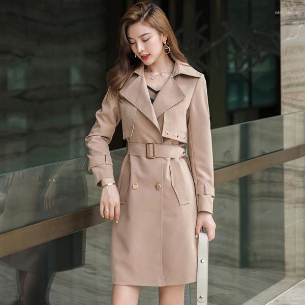 Abrigos de trinchera para mujer Khaki Black Mid Long Coat Mujeres Primavera Otoño Suelto Casual Outerwear Cinturón Big Pocket Doble Pecho Cortavientos Mujer