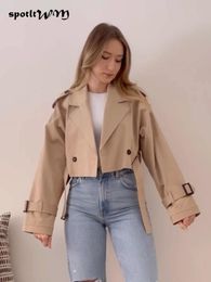 Femmes Trench Coats Kaki Cropped Femmes Manches Longues Conception Veste Chic Lady High Street Casual Loose Top Femme 2023 230503