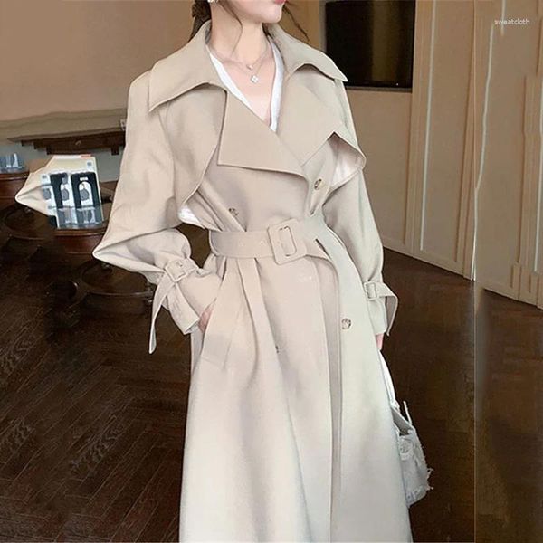 Trenchs de femmes coréennes lâche double boutonnage long manteau plumeau ceinture veste de luxe coupe-vent dame rue vêtements d'extérieur vêtements de printemps