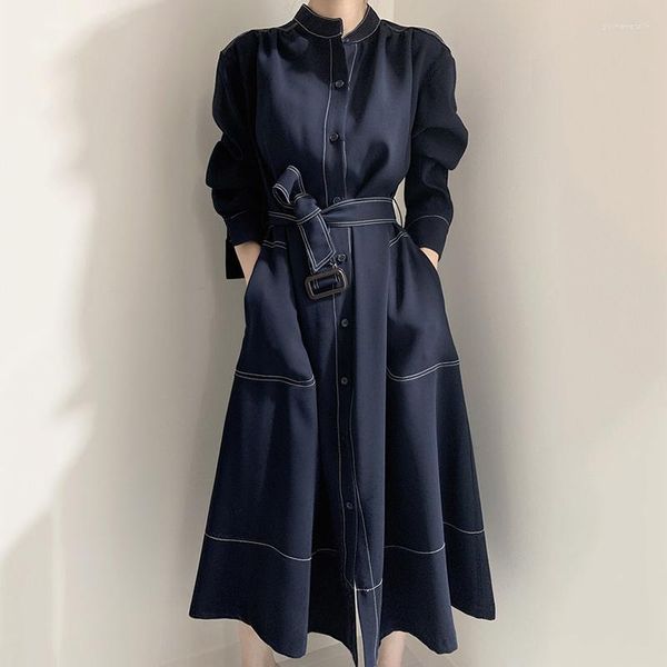 Trench femme corée minimaliste élégant veste 2023 col montant ligne claire simple boutonnage lâche reliure manteau