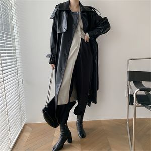 Dames Trench Coats Korea Runway Designer herfst herfst Leather Maxi Lange jas met riem chique vrouwelijke windscheper klassiek 220902