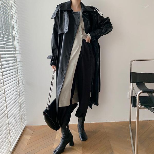 Gabardina para mujer diseñador de pasarela de Corea 2023 otoño/otoño Maxi abrigo largo de cuero con cinturón elegante rompevientos clásico para mujer