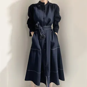 Trenchs de femmes coréennes chic minimaliste élégant col debout ligne ouverte simple boutonnage lâche sangle coupe-vent style robe longue